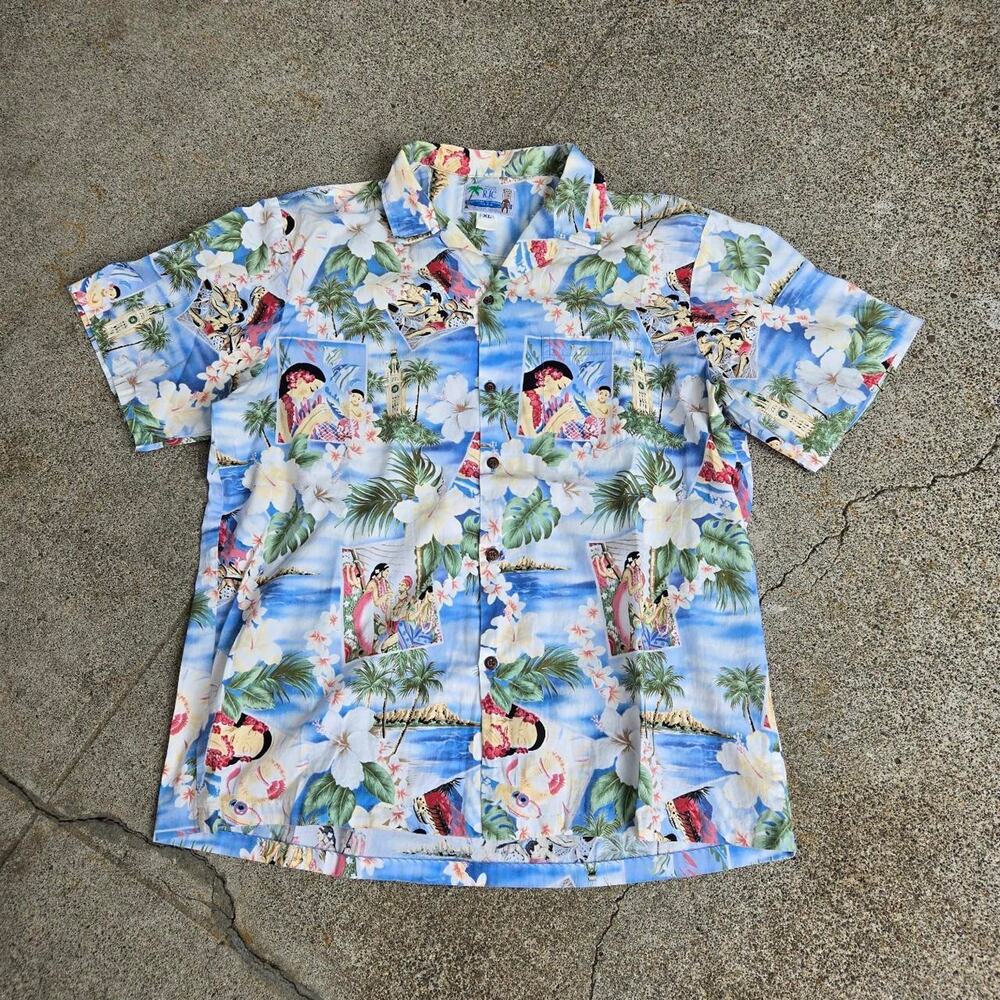 Vtg RJC LTD Floral Collage Print Beach Surf Button Up Shirt XL Made In Hawaii